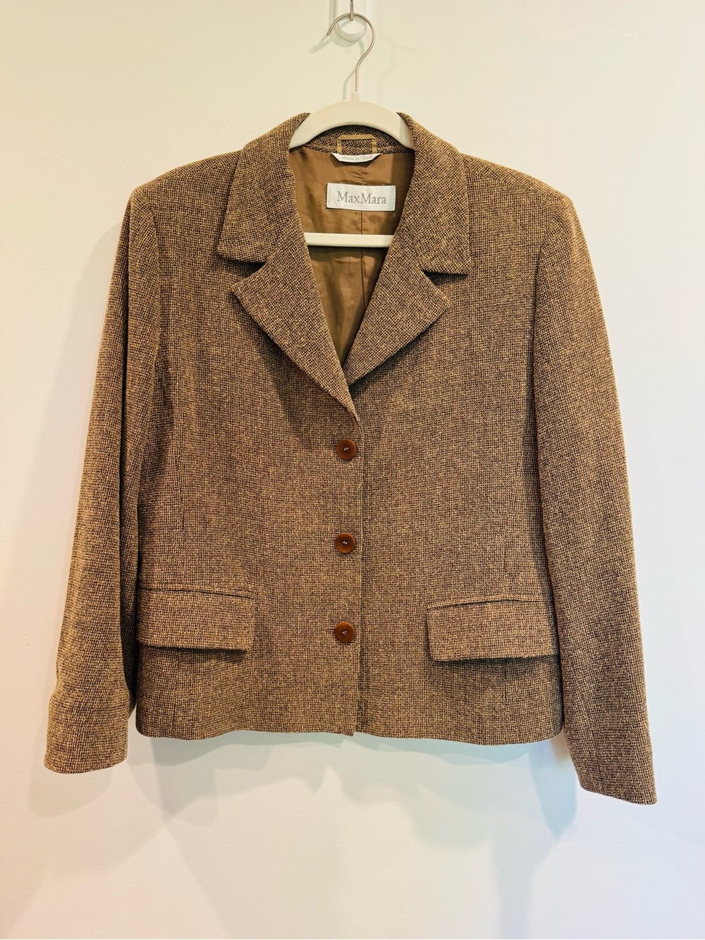 🇮🇹 Max Mara Italy Virgin Wool Skirt Suit Brown Hopsack Weave EU 48 US 14 Vintage